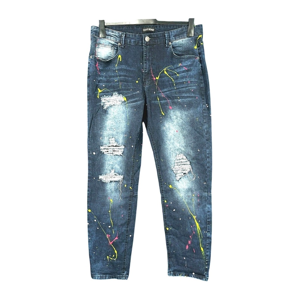 GS-115 Graffiti DESTROYED Stretch HIP-HOP URBAN MOTO Paint Splatter JEANS 36-31